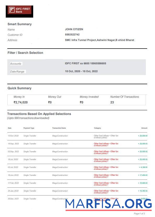 Blank India IDFC bank statement word 3 pages, version 2 example